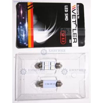 Светодиод SV 8.5 12В 4 SMD голубой салонный (пальчиковый) 39мм (к-т 2 шт)