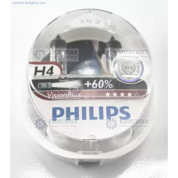 Лампа H4 галогеновая 12В 60/55 Вт P43t-38+60% VISION PLUS блистер Philips 12342VPS2